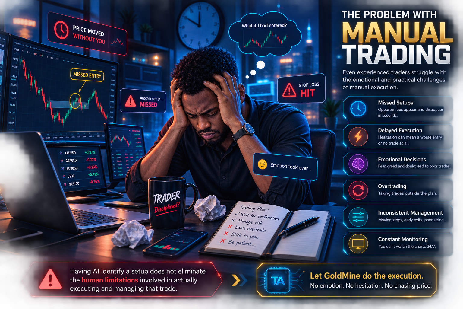Manual trading problems and human limitations illustration